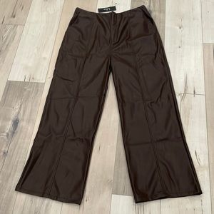 NWT Lulus Faux Leather Chocolate Brown Pants, size XL.